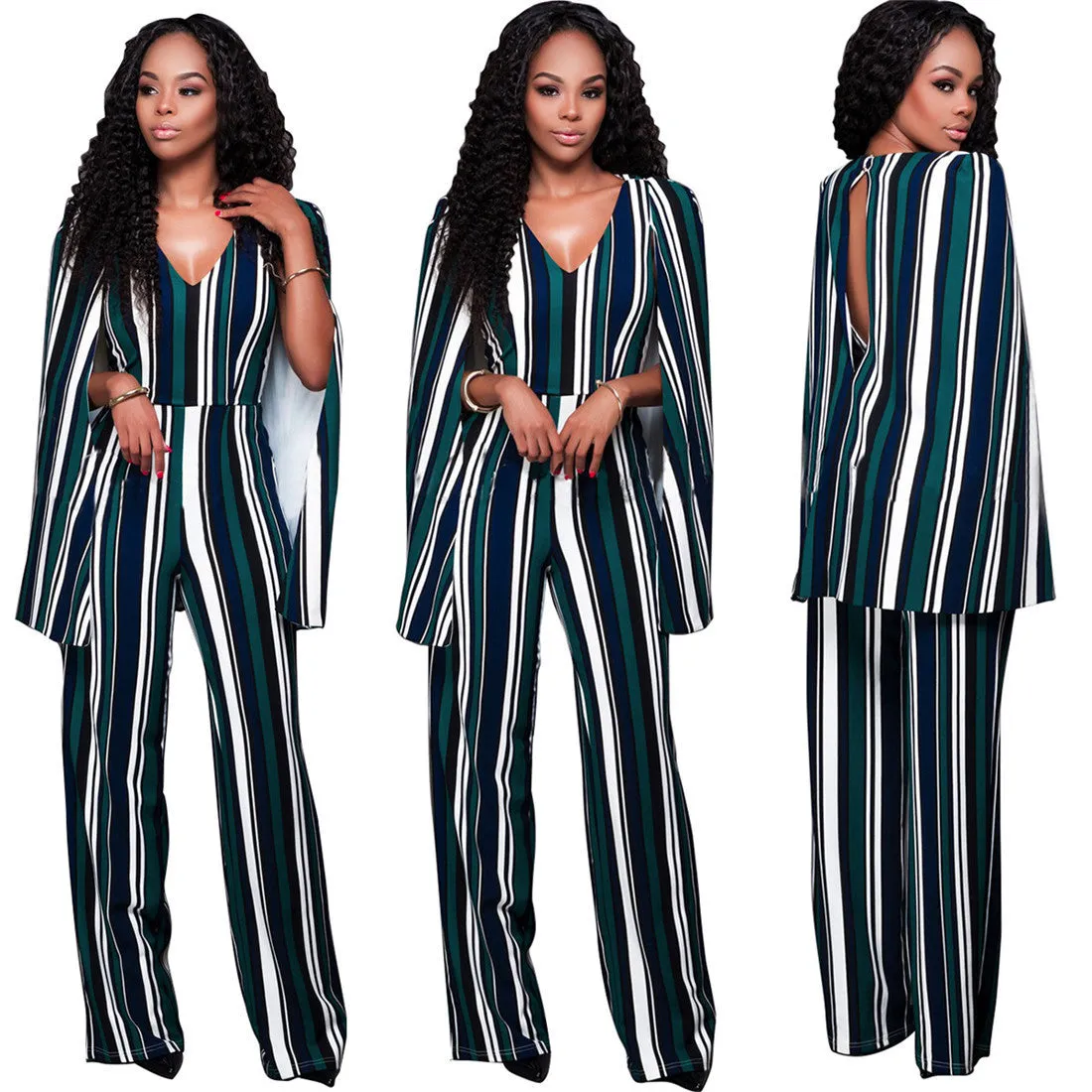 FASHION V-Neck Sleeveless Cape Rompers Womens Jumpsuit High Waist Backless Long Bodysuit Women Striped Overalls