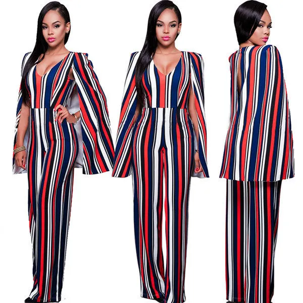 FASHION V-Neck Sleeveless Cape Rompers Womens Jumpsuit High Waist Backless Long Bodysuit Women Striped Overalls