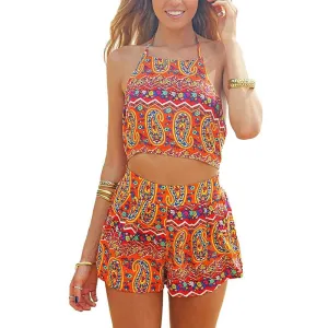 Fashion Women Boho Floral Printed Halter Playsuit Sexy Backless Sleeveless Beach Summer Short Jumpsuit Rompers