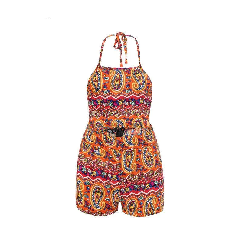 Fashion Women Boho Floral Printed Halter Playsuit Sexy Backless Sleeveless Beach Summer Short Jumpsuit Rompers