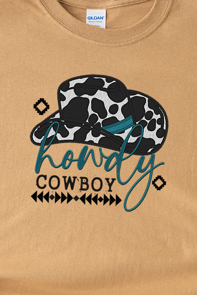 Faux Embroidery Howdy Cowboy Transfer Short Sleeve Relaxed Fit T-Shirt