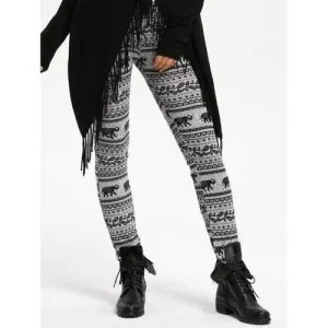 Fitted Leggings with Bohemian Elephant Print - Gray S