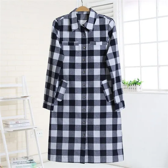 Flannel Women Long Shirts Red Plaid Blouses Long Shirt Dress Longue Casual Shirts Dress Women Clothing