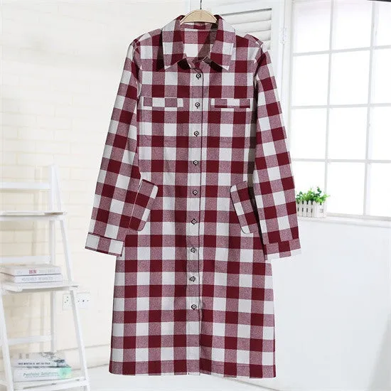 Flannel Women Long Shirts Red Plaid Blouses Long Shirt Dress Longue Casual Shirts Dress Women Clothing