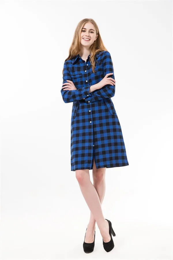 Flannel Women Long Shirts Red Plaid Blouses Long Shirt Dress Longue Casual Shirts Dress Women Clothing