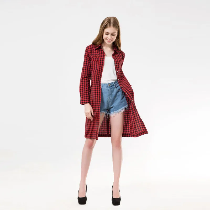 Flannel Women Long Shirts Red Plaid Blouses Long Shirt Dress Longue Casual Shirts Dress Women Clothing