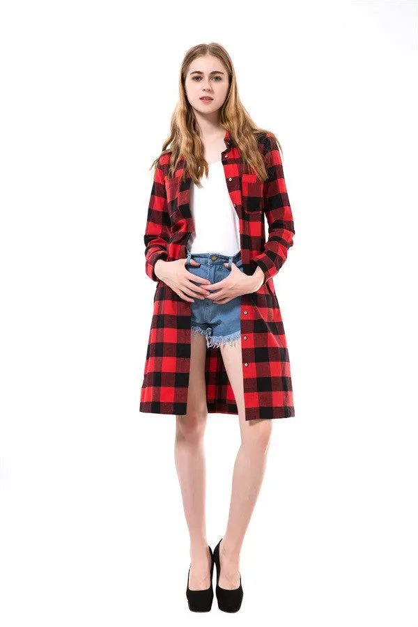 Flannel Women Long Shirts Red Plaid Blouses Long Shirt Dress Longue Casual Shirts Dress Women Clothing