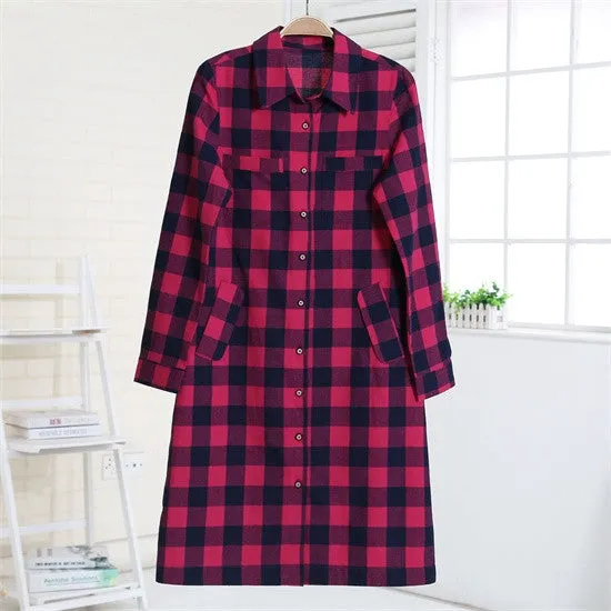 Flannel Women Long Shirts Red Plaid Blouses Long Shirt Dress Longue Casual Shirts Dress Women Clothing