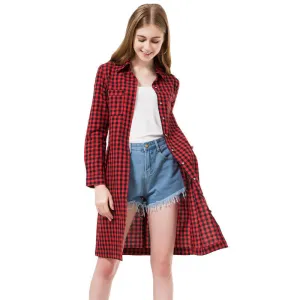 Flannel Women Long Shirts Red Plaid Blouses Long Shirt Dress Longue Casual Shirts Dress Women Clothing