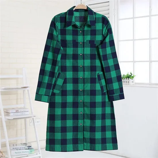 Flannel Women Long Shirts Red Plaid Blouses Long Shirt Dress Longue Casual Shirts Dress Women Clothing