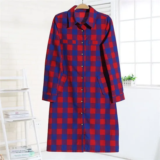 Flannel Women Long Shirts Red Plaid Blouses Long Shirt Dress Longue Casual Shirts Dress Women Clothing