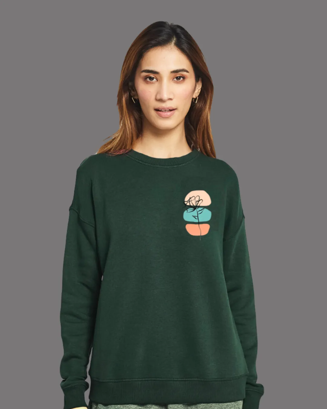 FLEECE LONG SLEEVE SWEATSHIRT-GREEN - Bloom flower print
