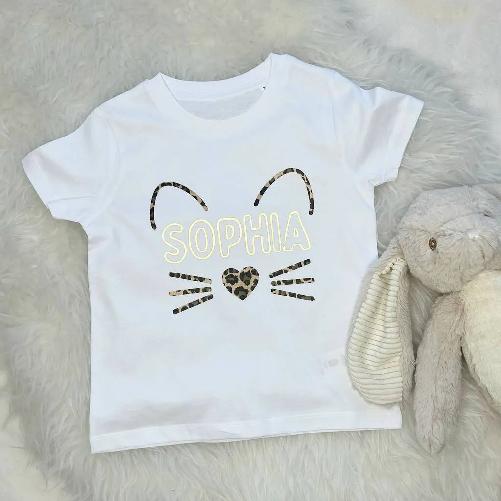 Girls Personalised Cat T Shirt Animal Print And Gold