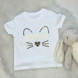 Girls Personalised Cat T Shirt Animal Print And Gold