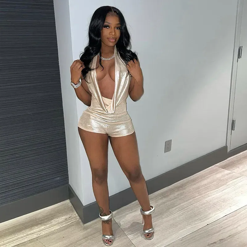 Glam Dive Plunge Halter Backless Romper