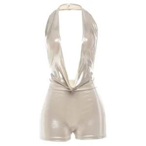 Glam Dive Plunge Halter Backless Romper