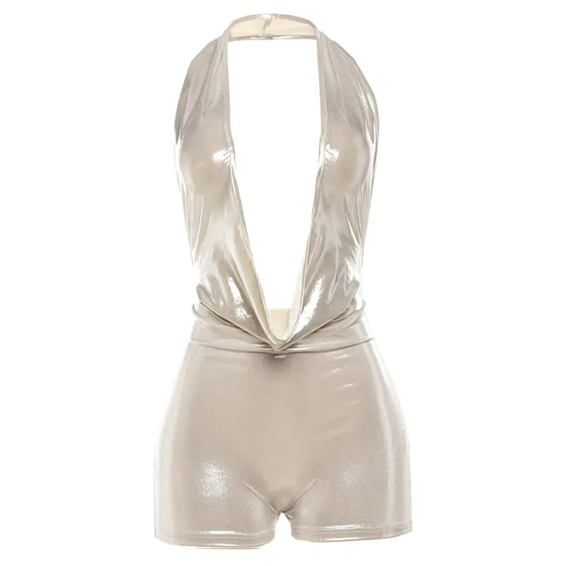 Glam Dive Plunge Halter Backless Romper