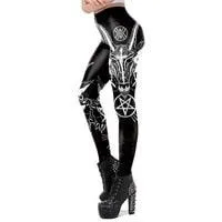 Gothic Ouija Satan Goat Head Leggings, Mid Waist Black Slim Workout Pants