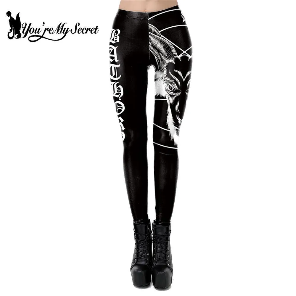 Gothic Ouija Satan Goat Head Leggings, Mid Waist Black Slim Workout Pants