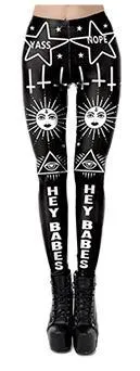 Gothic Ouija Satan Goat Head Leggings, Mid Waist Black Slim Workout Pants