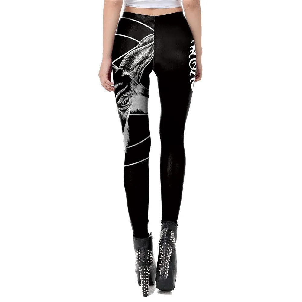Gothic Ouija Satan Goat Head Leggings, Mid Waist Black Slim Workout Pants