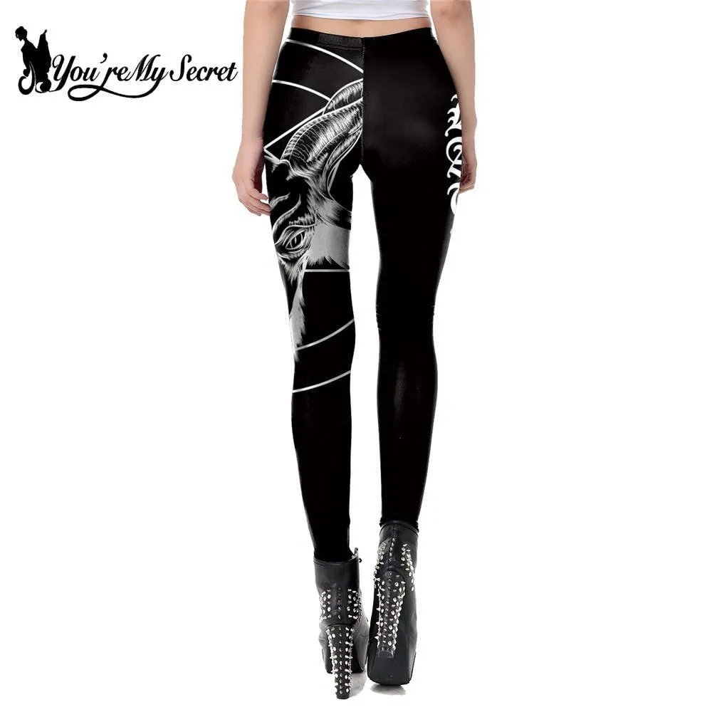 Gothic Ouija Satan Goat Head Leggings, Mid Waist Black Slim Workout Pants