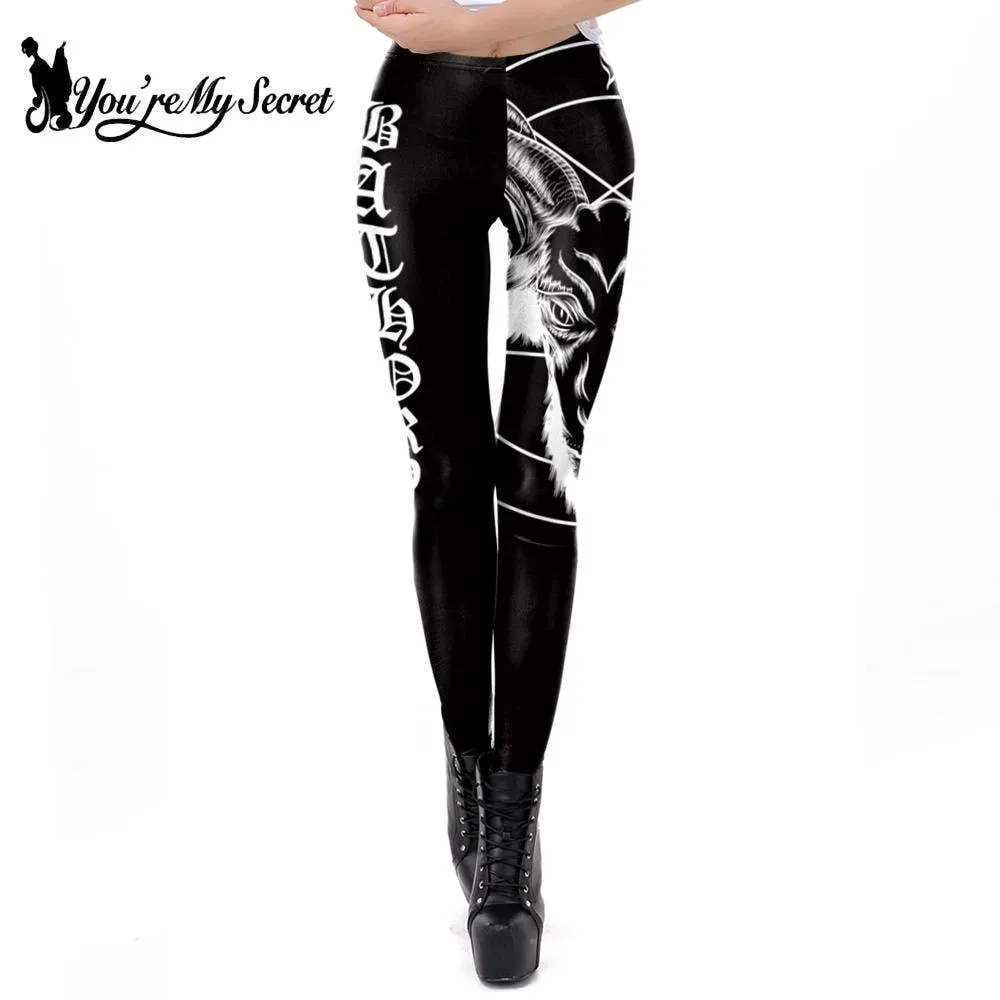 Gothic Ouija Satan Goat Head Leggings, Mid Waist Black Slim Workout Pants