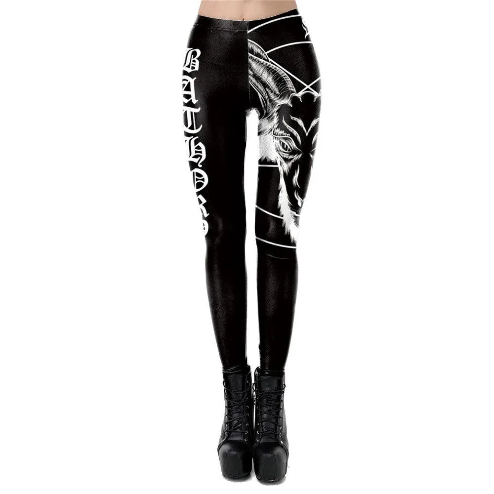 Gothic Ouija Satan Goat Head Leggings, Mid Waist Black Slim Workout Pants
