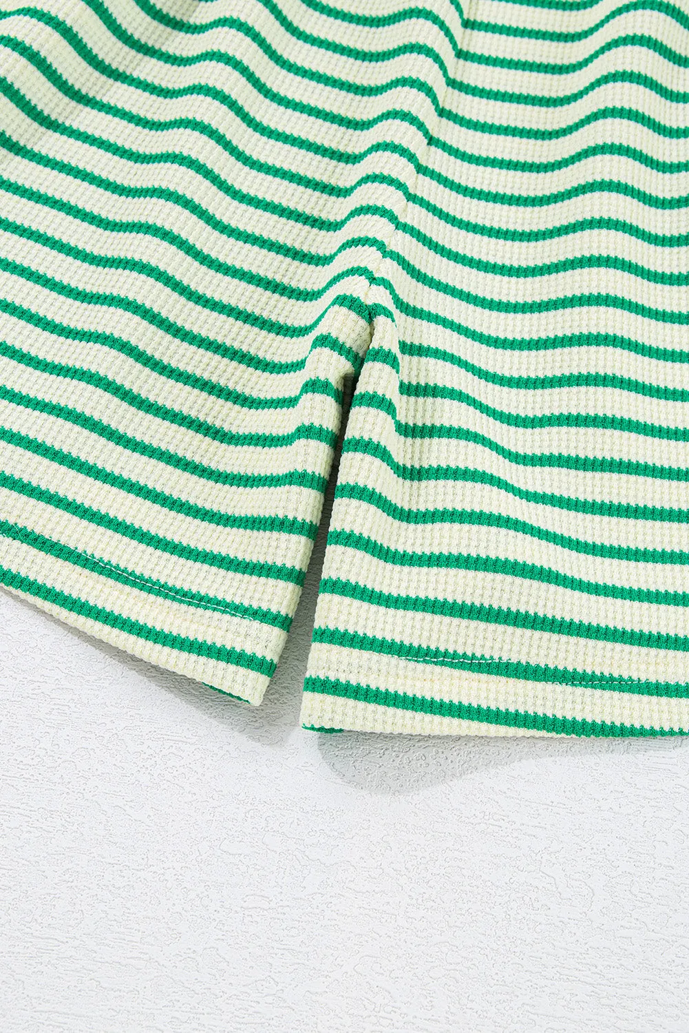 Green Stripe Textured Short Sleeve Collared Buttoned Waist Tie Romper