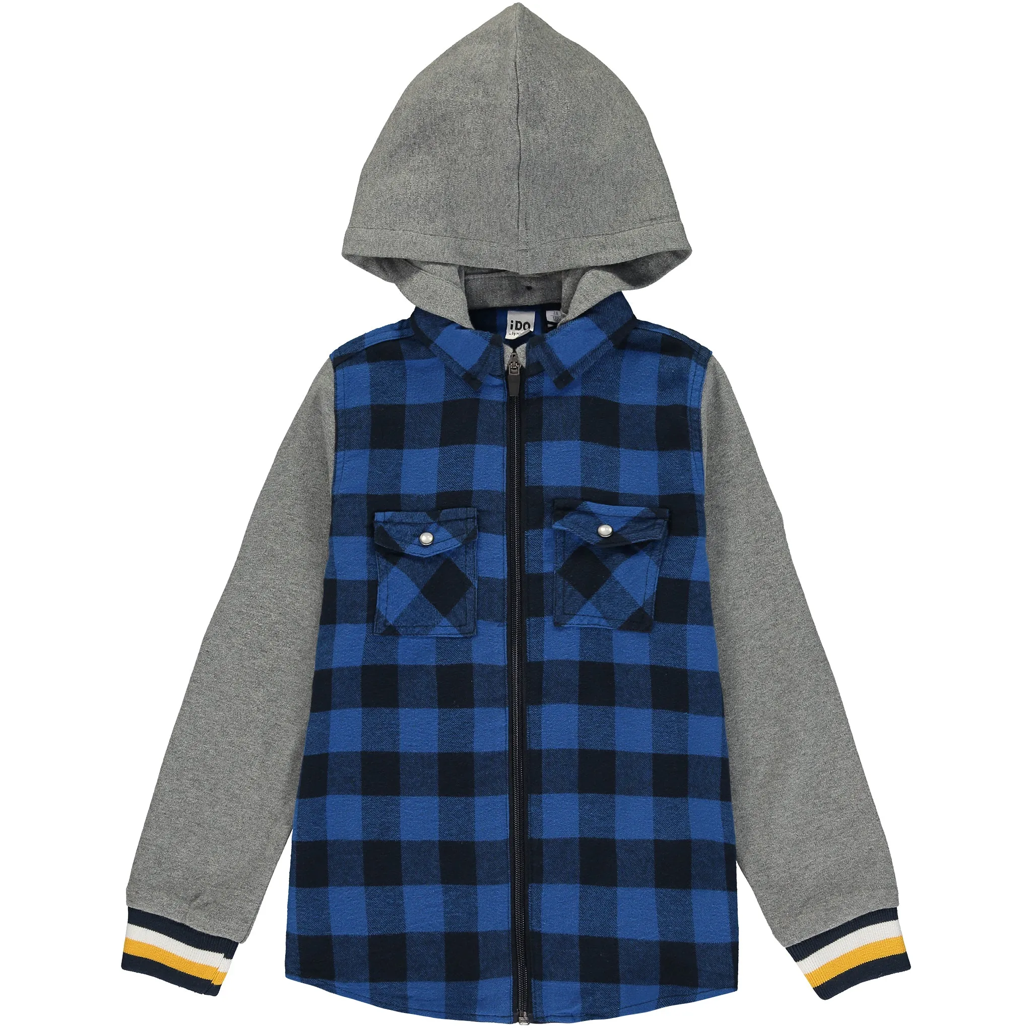 Grey and Blue Check Hooded Shirt