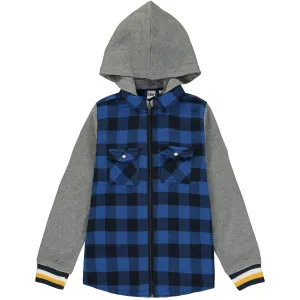 Grey and Blue Check Hooded Shirt