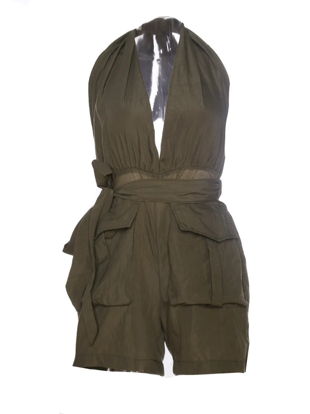 Halter Deep V Neck Bow Knot Pocket Short Ladies Cargo Romper Jumpsuit Backless Sexy Club Casual Summer Bodysuit Army Green
