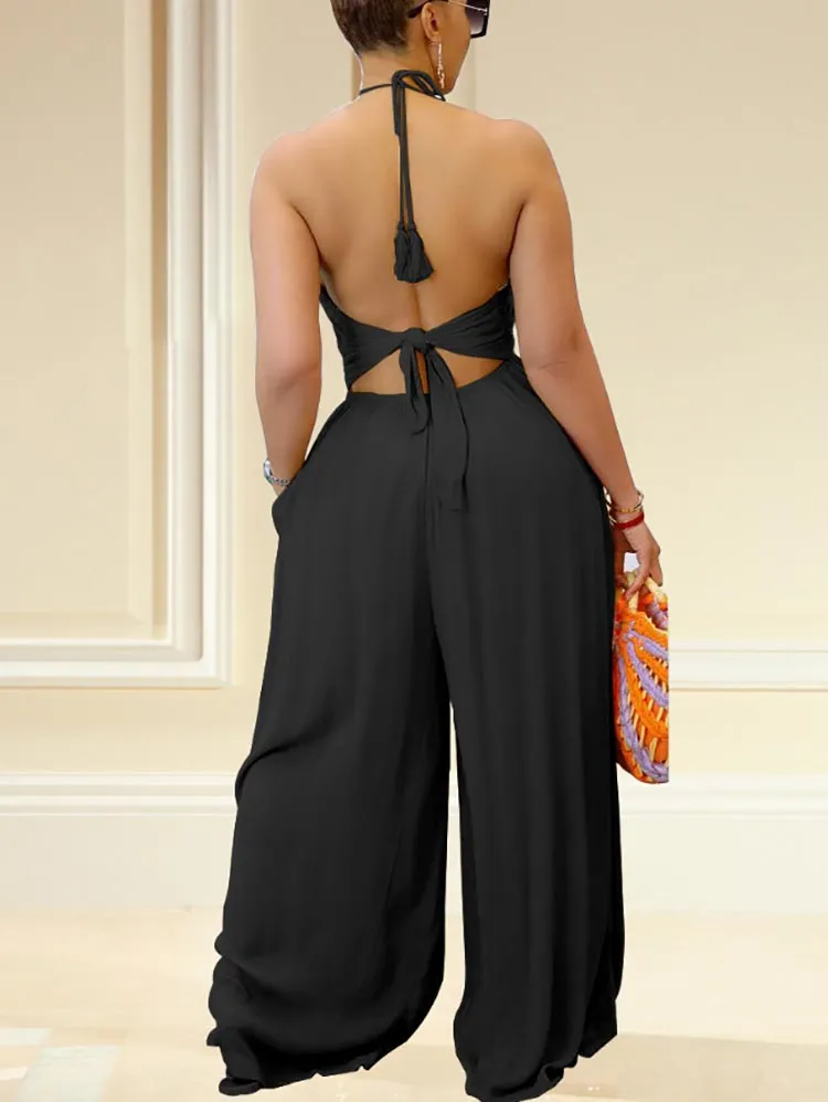 Halter Tie Back Wide Jumpsuit
