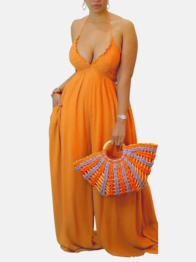 Halter Tie Back Wide Jumpsuit