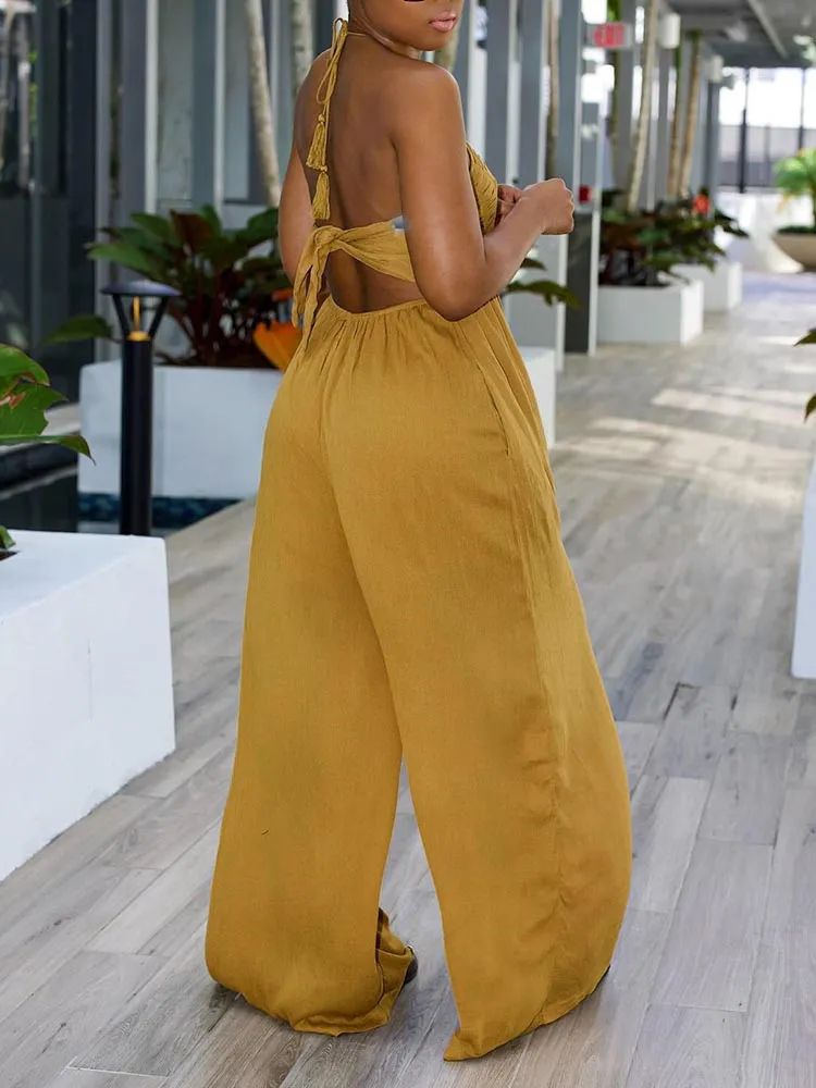Halter Tie Back Wide Jumpsuit