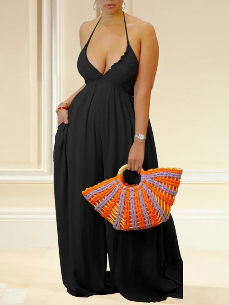 Halter Tie Back Wide Jumpsuit