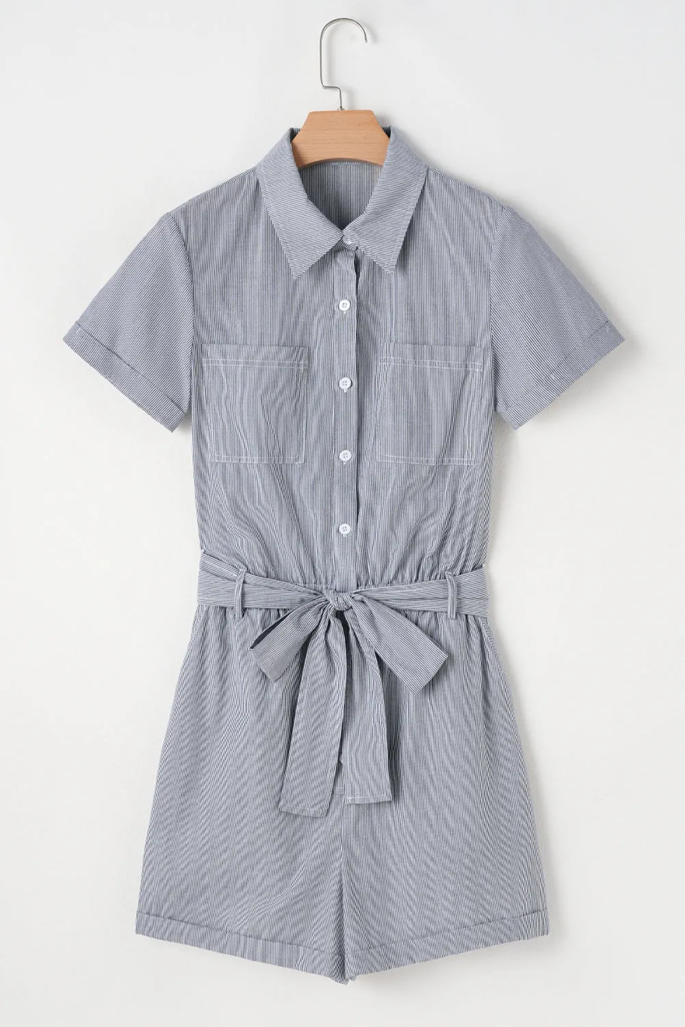 Hetty, Blue Stripe Chest Pockets Buttoned Belted High Waist Romper