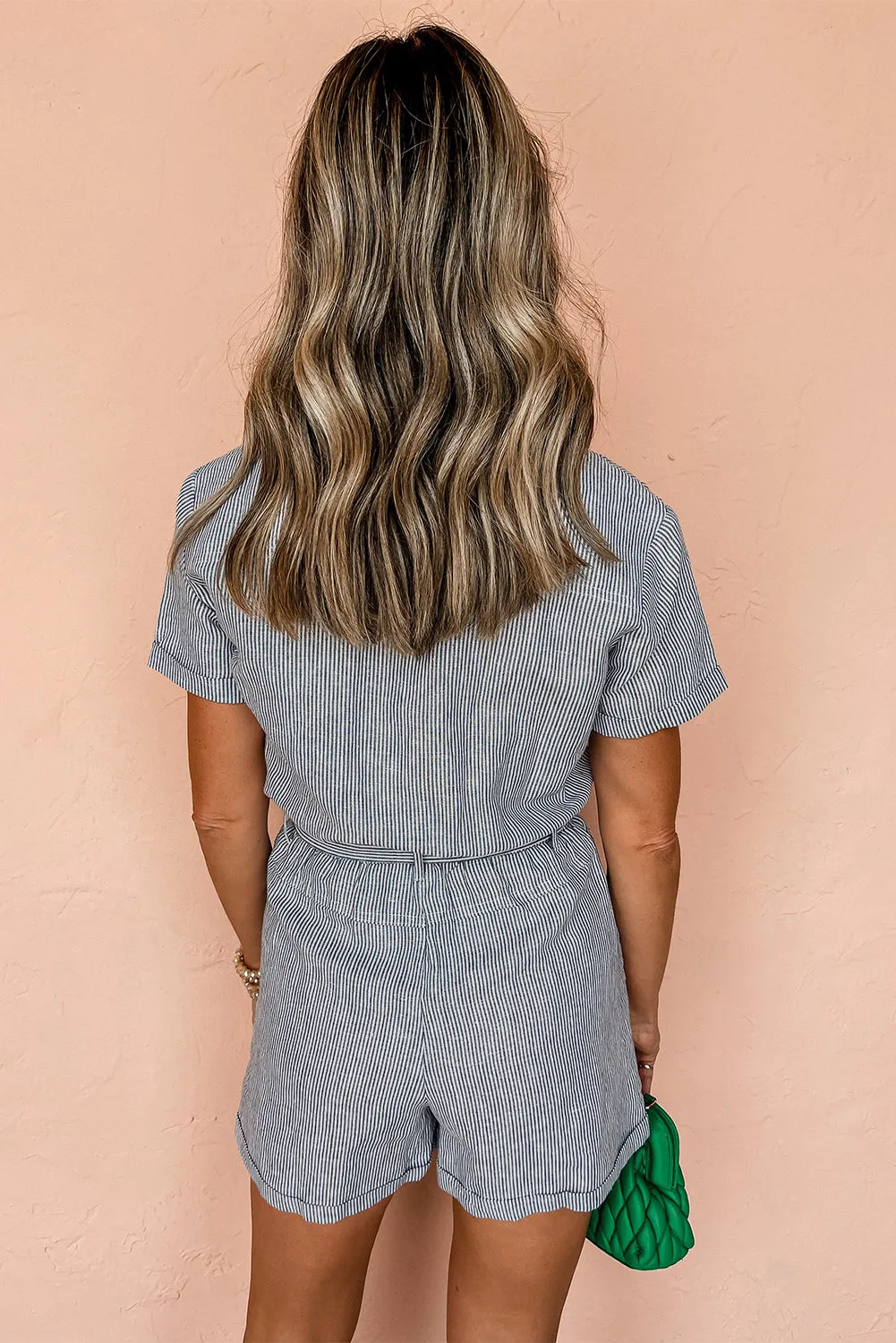 Hetty, Blue Stripe Chest Pockets Buttoned Belted High Waist Romper