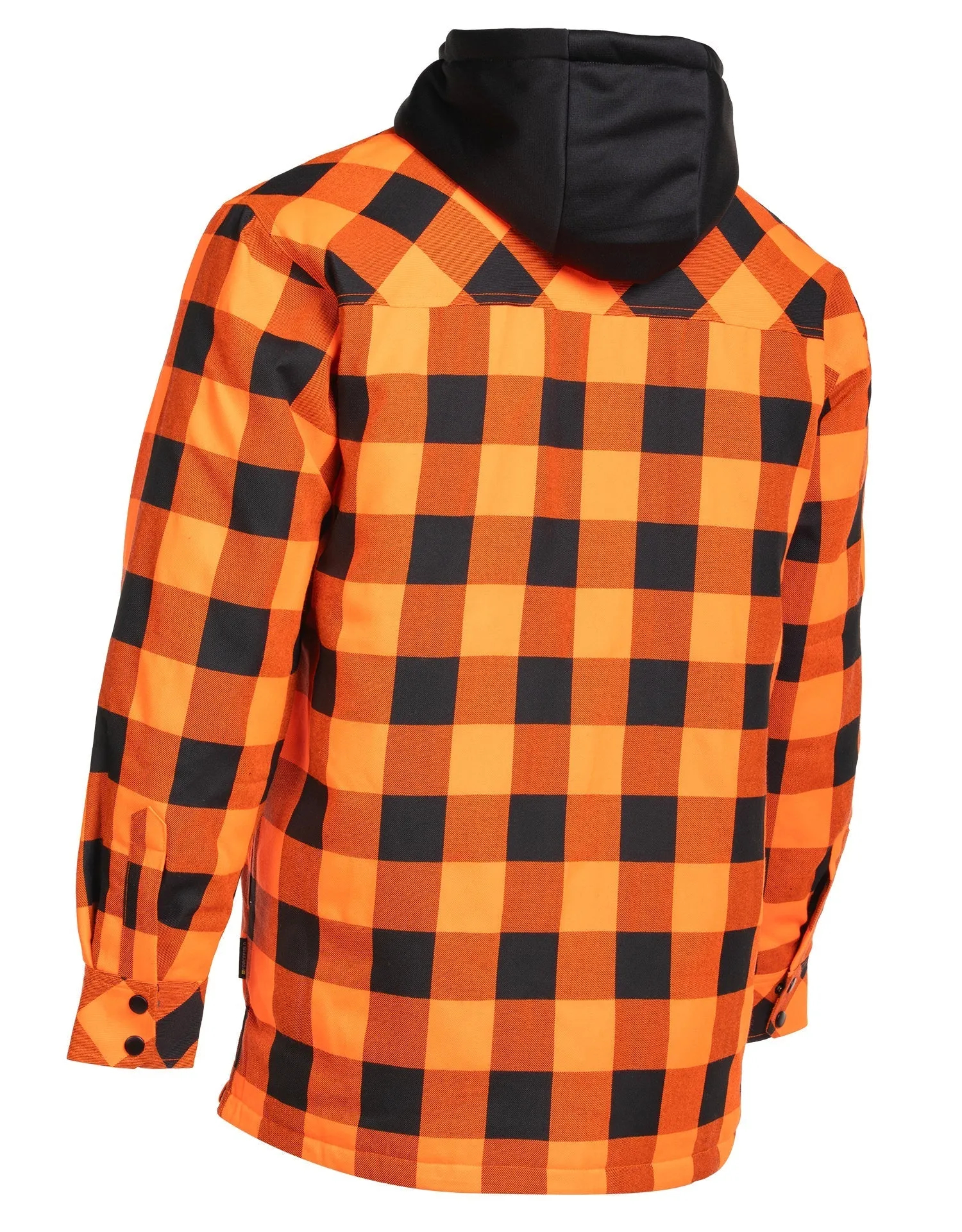 Hi Vis Orange/Black Buffalo Plaid Hooded Quilt-Lined Flannel Shirt Jacket