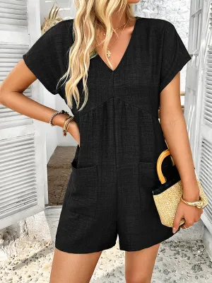 High Waisted Loose Backless Pockets Solid Color V-Neck Rompers