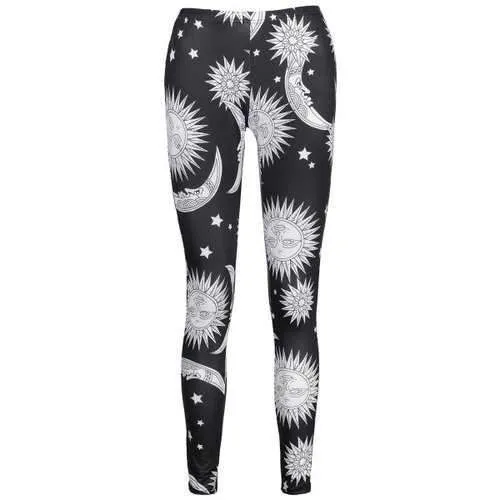 High Waisted Sun Moon Print Skinny Leggings - Black M