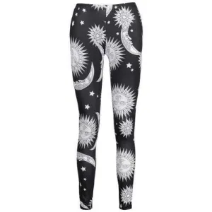 High Waisted Sun Moon Print Skinny Leggings - Black M