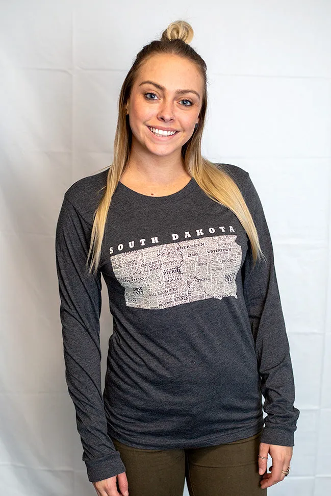 Hometown South Dakota Long Sleeved Tee Shirt-Dark Heather Grey