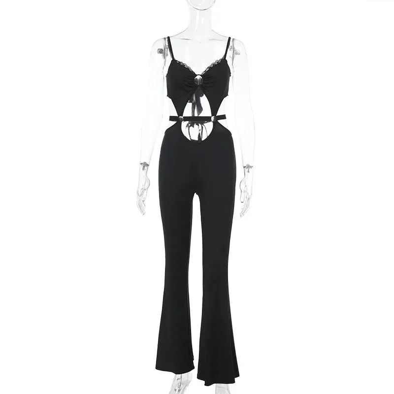 JazzHer Black Backless Hollow Out Summer Playsuits Rompers Women 2025 Lace Holiday Casual Elegant Long Jumpsuits Homewear