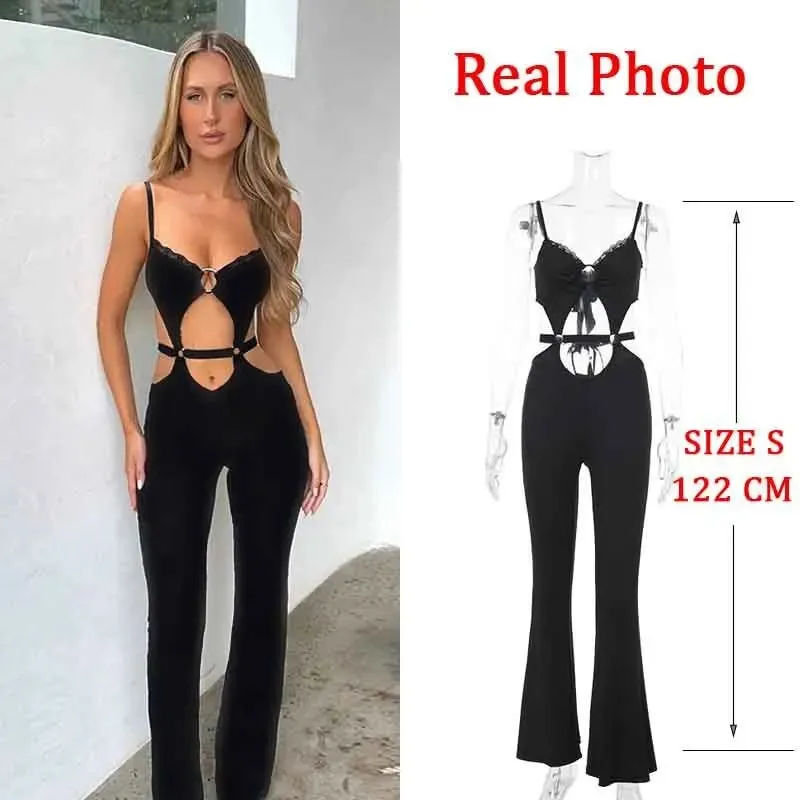 JazzHer Black Backless Hollow Out Summer Playsuits Rompers Women 2025 Lace Holiday Casual Elegant Long Jumpsuits Homewear