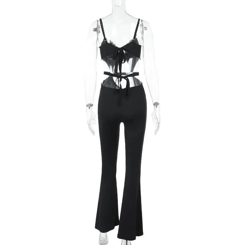 JazzHer Black Backless Hollow Out Summer Playsuits Rompers Women 2025 Lace Holiday Casual Elegant Long Jumpsuits Homewear