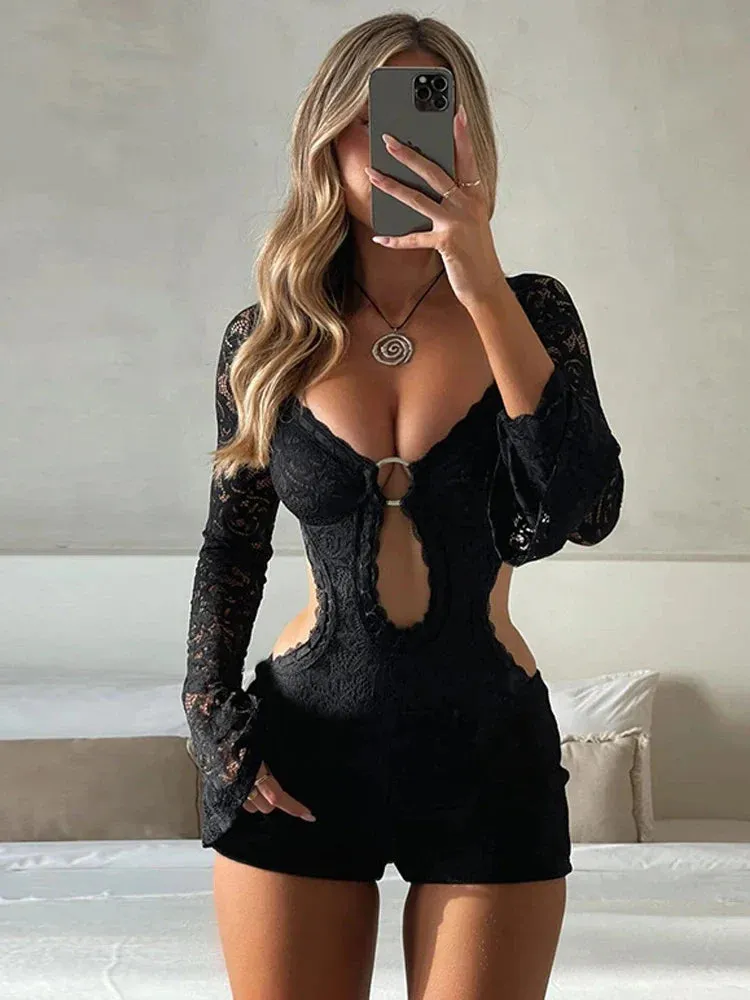 JazzHer Black Halter Backless Hollow Out Summer Playsuits Rompers Women 2025 Holiday Casual Elegant Short Jumpsuits Homewear