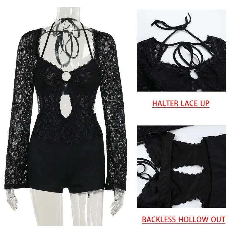 JazzHer Black Halter Backless Hollow Out Summer Playsuits Rompers Women 2025 Holiday Casual Elegant Short Jumpsuits Homewear
