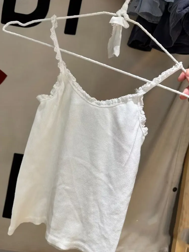 JazzHer Casual Women Lace Patchwork Camis Top Summer White Ribbed Cotton Sleeveless Tank Tops Female Harajuku Solid Y2k Vests 2025 New