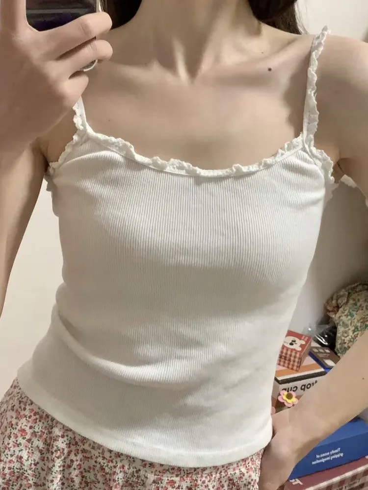 JazzHer Casual Women Lace Patchwork Camis Top Summer White Ribbed Cotton Sleeveless Tank Tops Female Harajuku Solid Y2k Vests 2025 New